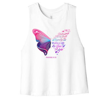 Christian Bible Verse Proverbs 31:25 Butterfly Gift Women's Racerback Cropped Tank