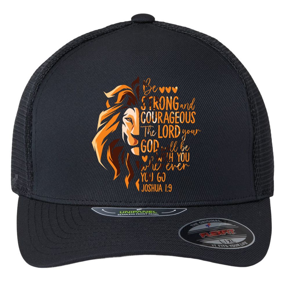 Christian Bible Verse Joshua 1:9 Lion Inspirational Religious Faith Jesus God Flexfit Unipanel Trucker Cap