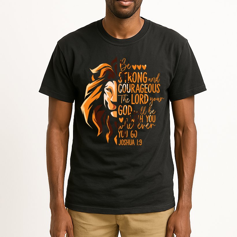 Christian Bible Verse Joshua 1:9 Lion Inspirational Religious Faith Jesus God Tall T-Shirt