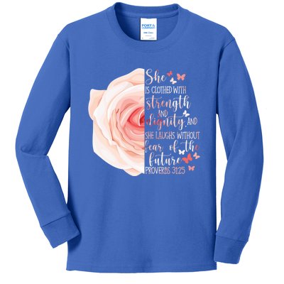 Christian Bible Verse Proverbs 31:25 Rose Flower Gift Kids Long Sleeve Shirt