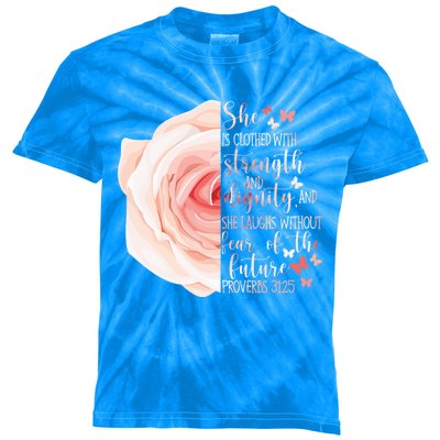 Christian Bible Verse Proverbs 31:25 Rose Flower Gift Kids Tie-Dye T-Shirt