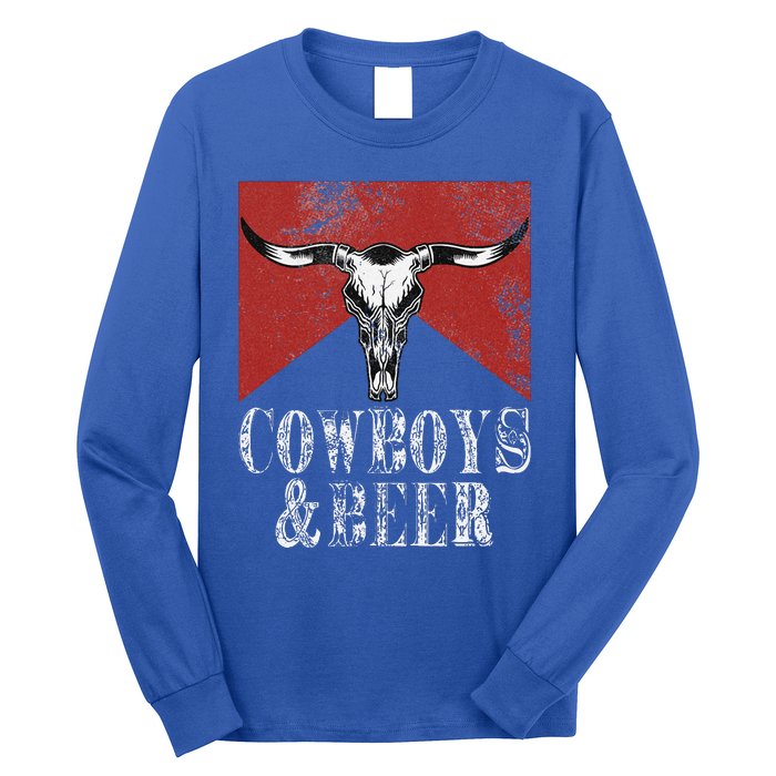 Cow & Beer Vintage Rodeo Bull Horn Western Country Long Sleeve Shirt