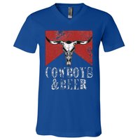 Cow & Beer Vintage Rodeo Bull Horn Western Country V-Neck T-Shirt