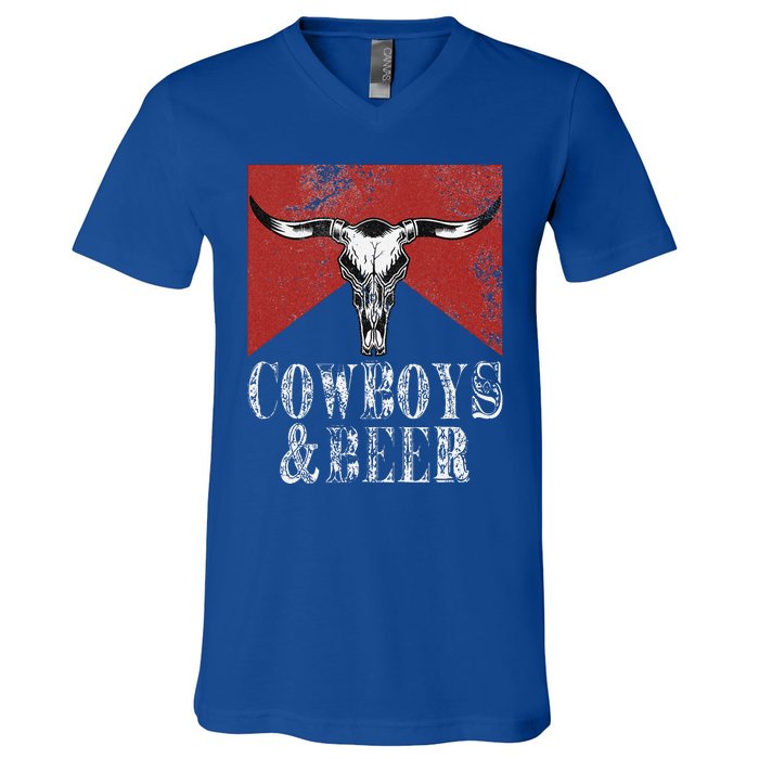 Cow & Beer Vintage Rodeo Bull Horn Western Country V-Neck T-Shirt