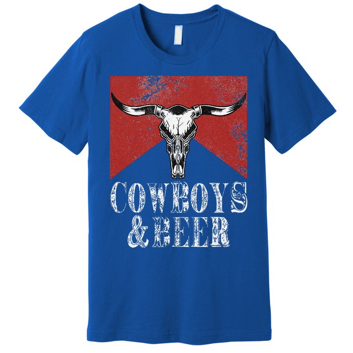 Cow & Beer Vintage Rodeo Bull Horn Western Country Premium T-Shirt