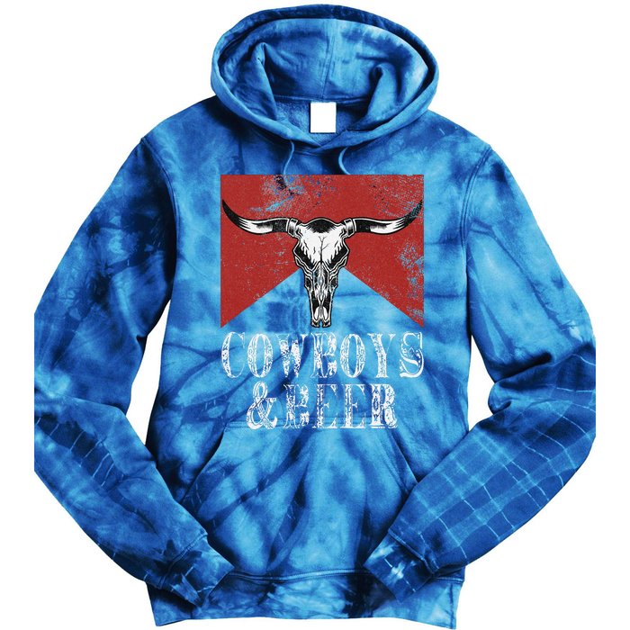 Cow & Beer Vintage Rodeo Bull Horn Western Country Tie Dye Hoodie