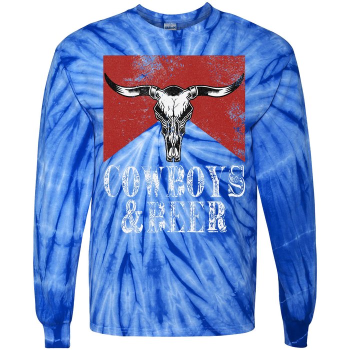 Cow & Beer Vintage Rodeo Bull Horn Western Country Tie-Dye Long Sleeve Shirt