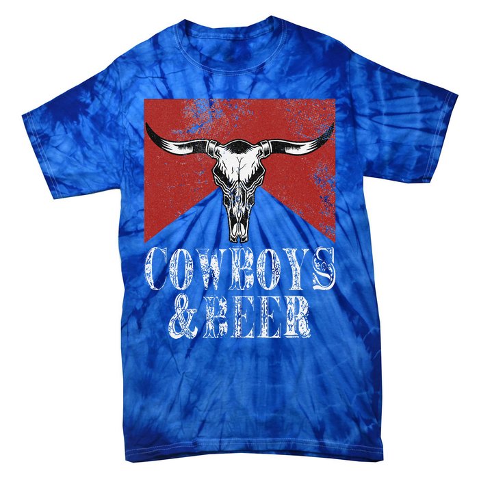 Cow & Beer Vintage Rodeo Bull Horn Western Country Tie-Dye T-Shirt