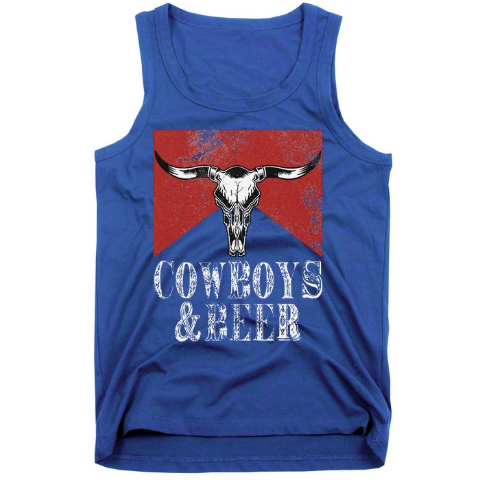 Cow & Beer Vintage Rodeo Bull Horn Western Country Tank Top