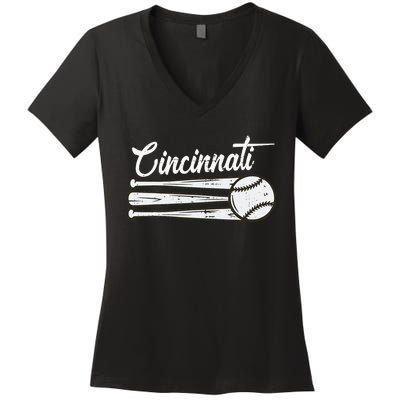 Cincinnati Baseball Vintage Distressed Met At Gameday Women's V-Neck T-Shirt