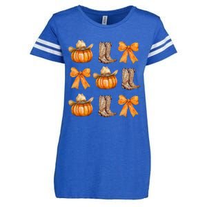 Coquette Bow Western Boots Pumpkin Cowboy Cowgirl Halloween Enza Ladies Jersey Football T-Shirt