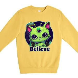 cute alien cat belive in ufo kawaii Premium Crewneck Sweatshirt