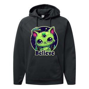 cute alien cat belive in ufo kawaii Performance Fleece Hoodie