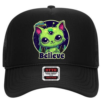 cute alien cat belive in ufo kawaii High Crown Mesh Back Trucker Hat