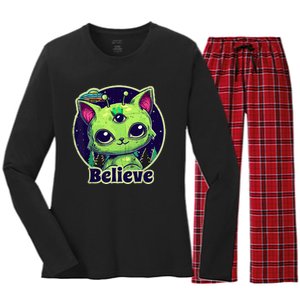 cute alien cat belive in ufo kawaii Women's Long Sleeve Flannel Pajama Set 