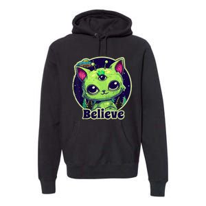 cute alien cat belive in ufo kawaii Premium Hoodie