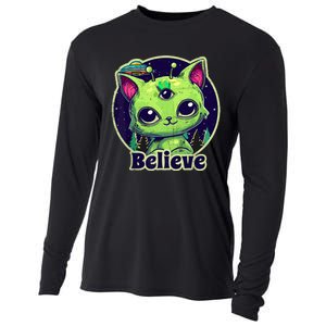 cute alien cat belive in ufo kawaii Cooling Performance Long Sleeve Crew