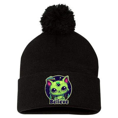 cute alien cat belive in ufo kawaii Pom Pom 12in Knit Beanie