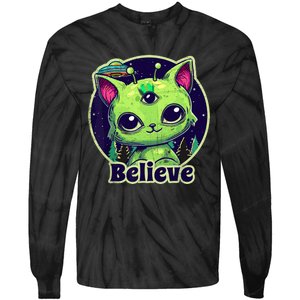 cute alien cat belive in ufo kawaii Tie-Dye Long Sleeve Shirt