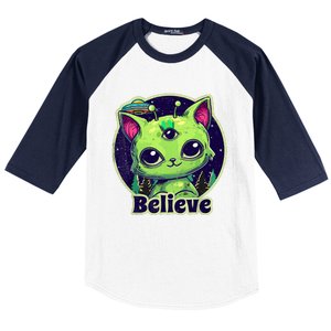 cute alien cat belive in ufo kawaii Baseball Sleeve Shirt