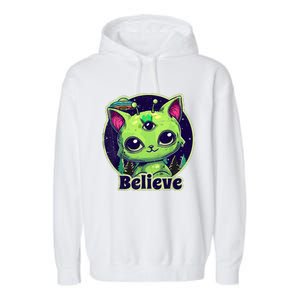 cute alien cat belive in ufo kawaii Garment-Dyed Fleece Hoodie