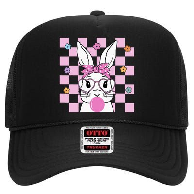 Cute Bunny With Bandana Heart Glasses Bubblegum Easter Day High Crown Mesh Back Trucker Hat