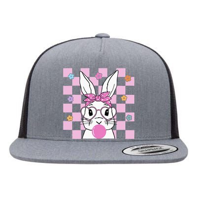 Cute Bunny With Bandana Heart Glasses Bubblegum Easter Day Flat Bill Trucker Hat