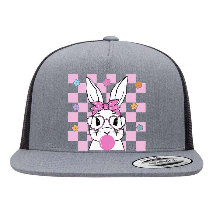 Cute Bunny With Bandana Heart Glasses Bubblegum Easter Day Flat Bill Trucker Hat