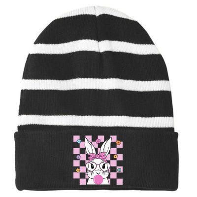 Cute Bunny With Bandana Heart Glasses Bubblegum Easter Day Striped Beanie with Solid Band