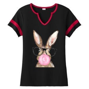 Cute Bunny With Glasses Bubblegum Easter Day Ladies Halftime Notch Neck Tee