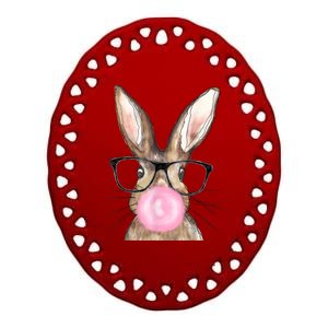 Cute Bunny With Glasses Bubblegum Easter Day Ceramic Oval Ornament