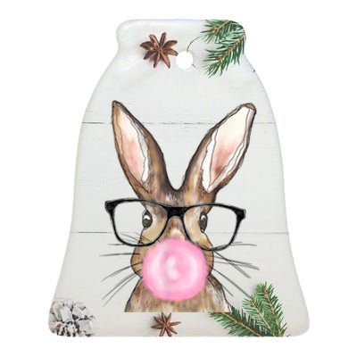 Cute Bunny With Glasses Bubblegum Easter Day Ceramic Bell Ornament