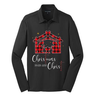 Christmas Begins With Christ Jesus Cross Christian Pajama Silk Touch Performance Long Sleeve Polo