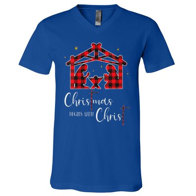 Christmas Begins With Christ Jesus Cross Christian Pajama V-Neck T-Shirt