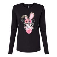 Cute Bunny With Leopard Glasses Bubblegum Easter Day Womens Cotton Relaxed Long Sleeve T-Shirt