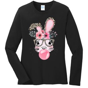 Cute Bunny With Leopard Glasses Bubblegum Easter Day Ladies Long Sleeve Shirt