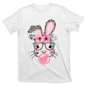 Cute Bunny With Leopard Glasses Bubblegum Easter Day T-Shirt