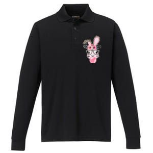 Cute Bunny With Leopard Glasses Bubblegum Easter Day Performance Long Sleeve Polo