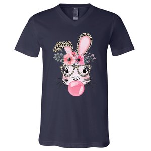 Cute Bunny With Leopard Glasses Bubblegum Easter Day V-Neck T-Shirt