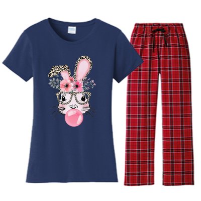 Cute Bunny With Leopard Glasses Bubblegum Easter Day Women's Flannel Pajama Set