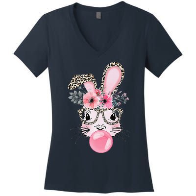 Cute Bunny With Leopard Glasses Bubblegum Easter Day Women's V-Neck T-Shirt