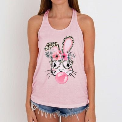 Cute Bunny With Leopard Glasses Bubblegum Easter Day Women's Knotted Racerback Tank