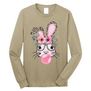 Cute Bunny With Leopard Glasses Bubblegum Easter Day Long Sleeve Shirt