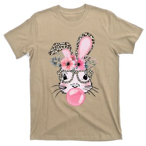 Cute Bunny With Leopard Glasses Bubblegum Easter Day T-Shirt