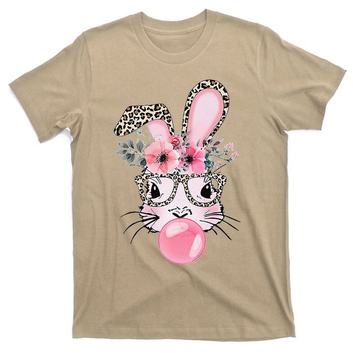 Cute Bunny With Leopard Glasses Bubblegum Easter Day T-Shirt