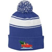 Cute Bulldog With Vintage Red Pickup Truck Christmas Tree Gift Stripe Pom Pom Beanie