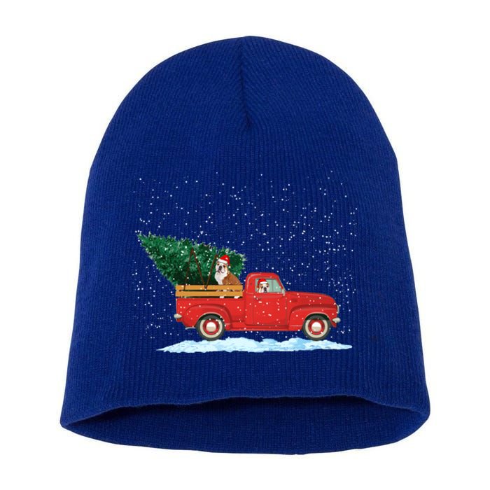 Cute Bulldog With Vintage Red Pickup Truck Christmas Tree Gift Short Acrylic Beanie