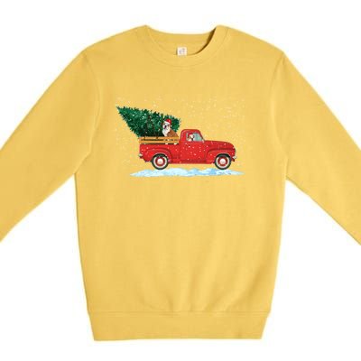 Cute Bulldog With Vintage Red Pickup Truck Christmas Tree Cool Gift Premium Crewneck Sweatshirt