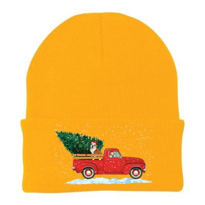 Cute Bulldog With Vintage Red Pickup Truck Christmas Tree Cool Gift Knit Cap Winter Beanie