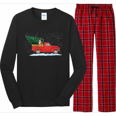 Cute Bulldog With Vintage Red Pickup Truck Christmas Tree Cool Gift Long Sleeve Pajama Set